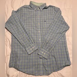 Izod Men’s Button Down, Long Sleeve Green & Blue Plaid Dress Shirt Size Large